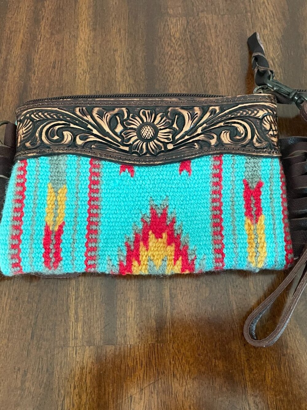 American Darling Saddle Bag Wristlet Southwestern Fringe Tooled Leather 7" x 5"